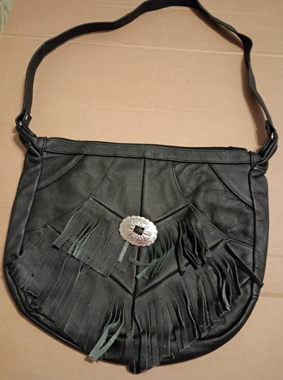 Genuine Leather Black Fringe Shoulder Bag with Silver Concho